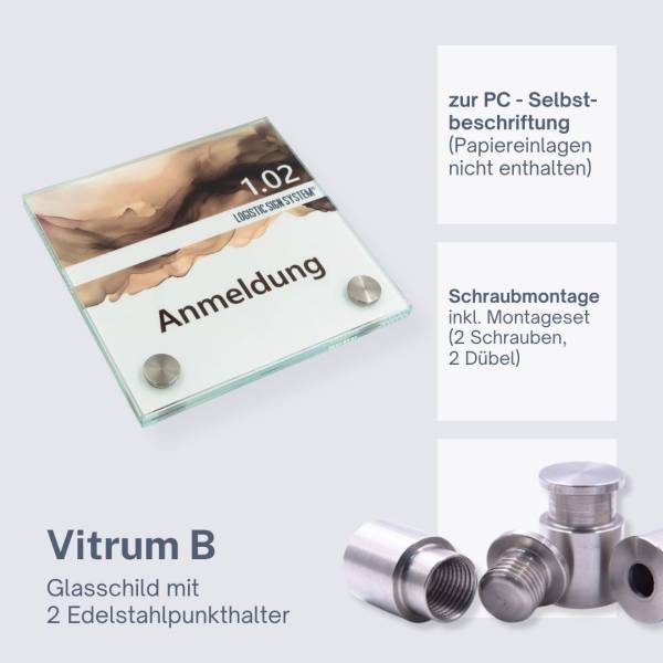 Tuerschild VITRUM B  Glasschild fuer Buero 120 120 mm